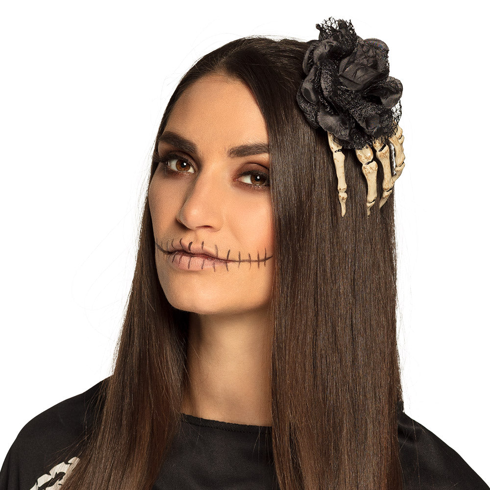 Barrette Squelette Noire avec Os Halloween - Accessoire Cheveux