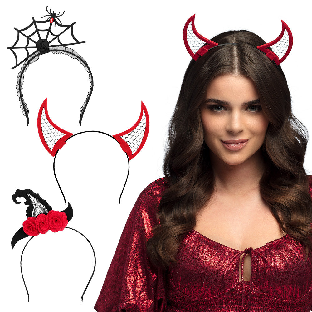 Serre-tête Cornes Diable Maille Rouge Halloween - 3 Designs