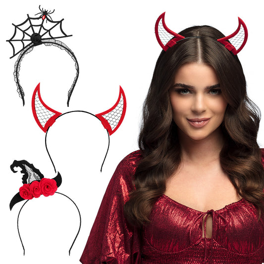 Serre-tête Cornes Diable Maille Rouge Halloween - 3 Designs