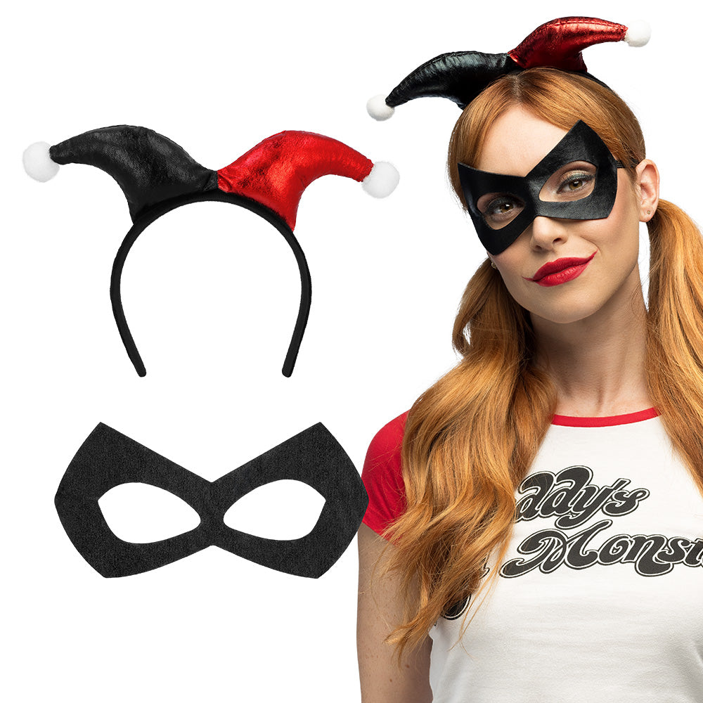 Masque et Serre-tête Arlequin noir et rouge - Déguisement