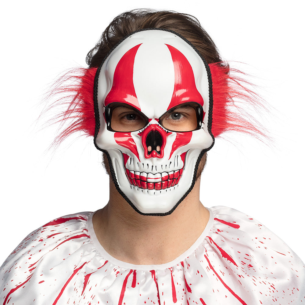 Masque Crâne Clown Rouge et Blanc avec Cheveux - Halloween