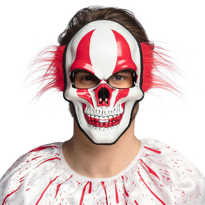 Masque Crâne Clown Rouge et Blanc avec Cheveux - Halloween