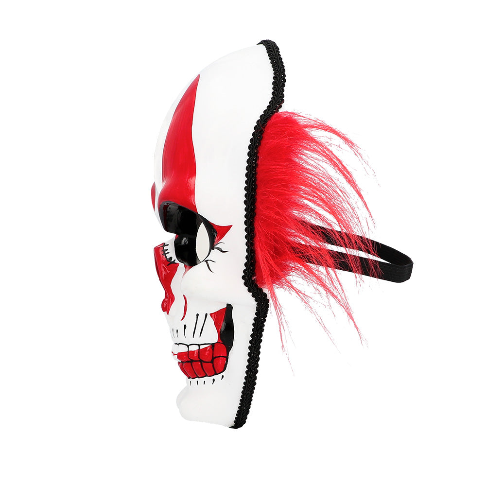 Masque Crâne Clown Rouge et Blanc avec Cheveux - Halloween