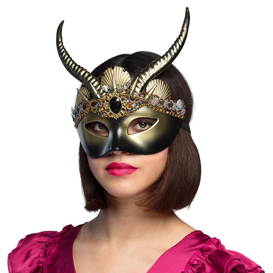 Masque Démon Cornes Doré - Accessoire Halloween Luxe