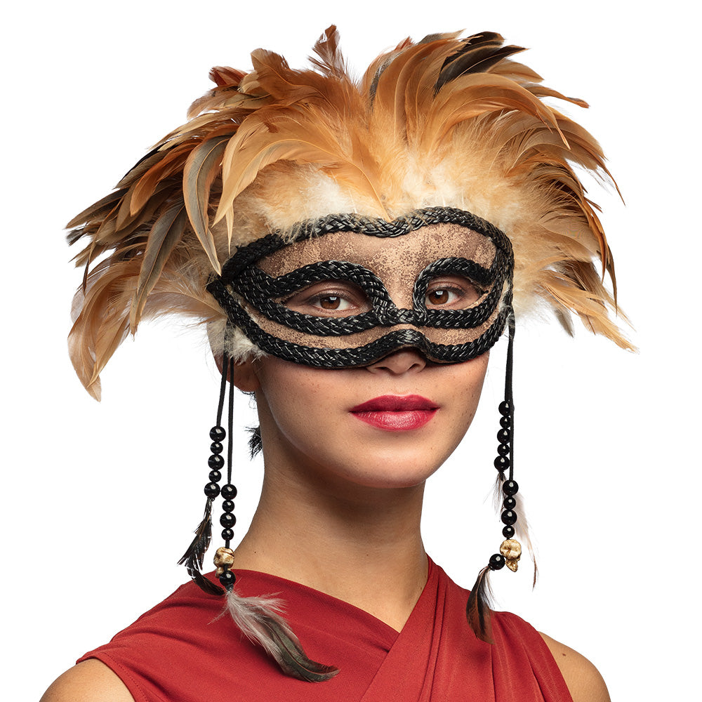 Masque Vénitien Plumes Dorées avec Chaînes Perlées