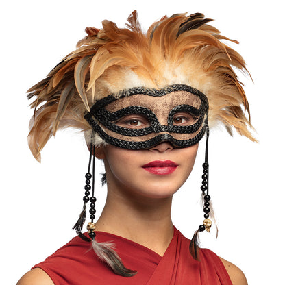 Masque Vénitien Plumes Dorées avec Chaînes Perlées