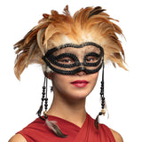 Masque Vénitien Plumes Dorées avec Chaînes Perlées