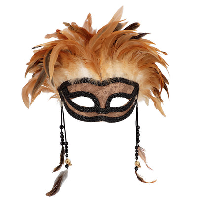 Masque Vénitien Plumes Dorées avec Chaînes Perlées