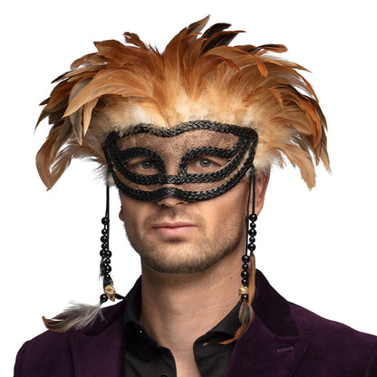 Masque Vénitien Plumes Dorées avec Chaînes Perlées
