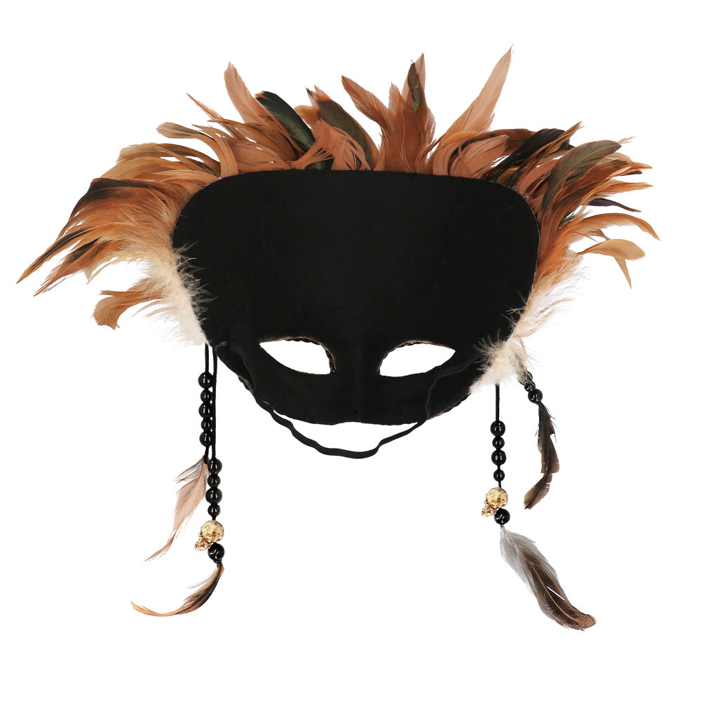 Masque Vénitien Plumes Dorées avec Chaînes Perlées