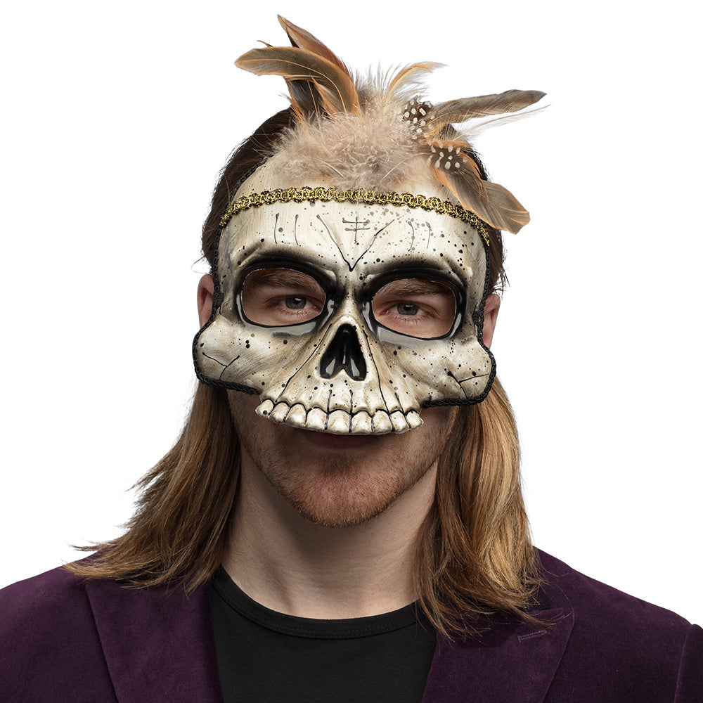 Masque Crâne Skull Amérindien avec Plumes - Déguisement Halloween