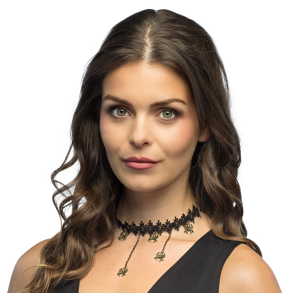 Collier Dentelle Noire Araignées Dorées - Accessoire Halloween