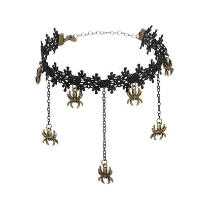 Collier Dentelle Noire Araignées Dorées - Accessoire Halloween