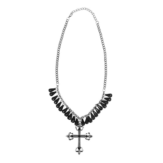 Collier Croix Gothique Noir avec Perles - Accessoire Halloween