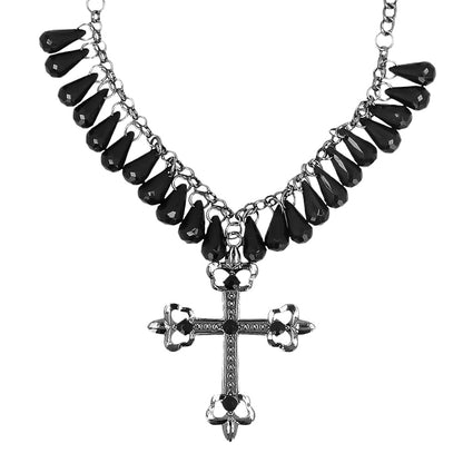 Collier Croix Gothique Noir avec Perles - Accessoire Halloween