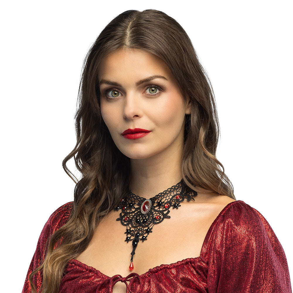 Collier Gothique Dentelle Noire avec Cristaux Rouges