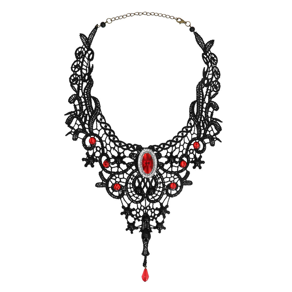 Collier Gothique Dentelle Noire avec Cristaux Rouges