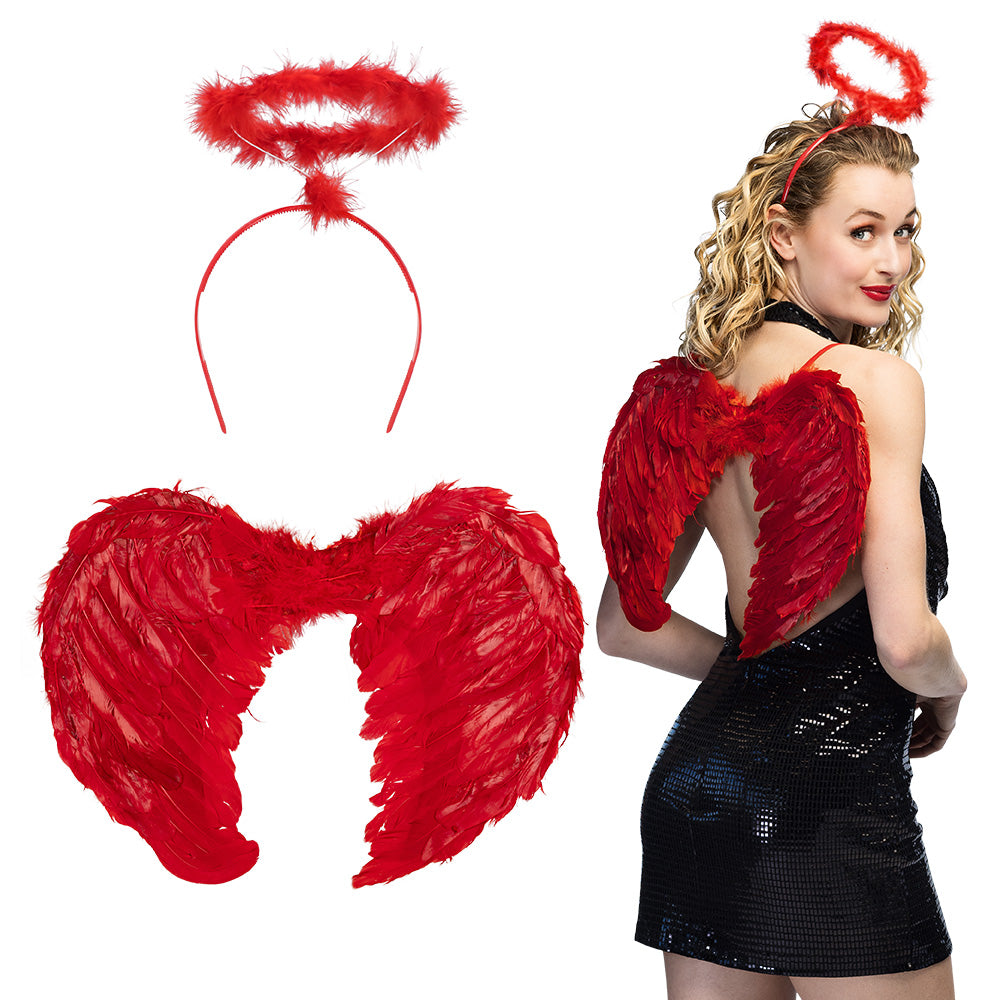 Kit Ailes d'Ange Rouge avec Auréole - Accessoire Déguisement Céleste