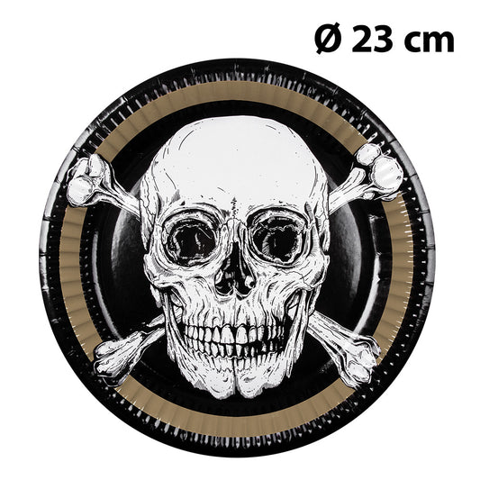 Assiettes Crâne et Os Pirate - Ø 23 cm - Lot de 8