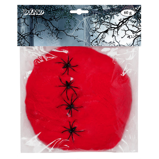 Toile d'araignée rouge 60g avec 4 araignées - Décoration Halloween