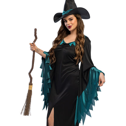 Costume Sorcière Noire et Vert Émeraude avec Balai 90cm