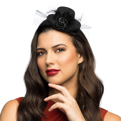 Bibi Noir Élégant avec Rose et Voilette - Accessoire Chic