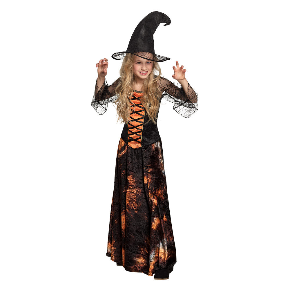 Déguisement Sorcière Enfant Noir Orange - Robe Longue et Chapeau
