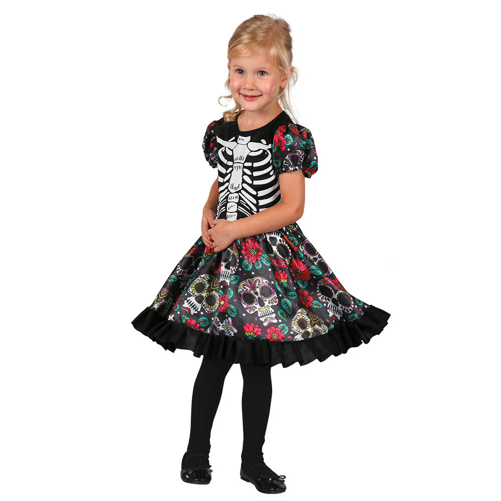 Déguisement Squelette Floral Fille - Robe Noire Halloween