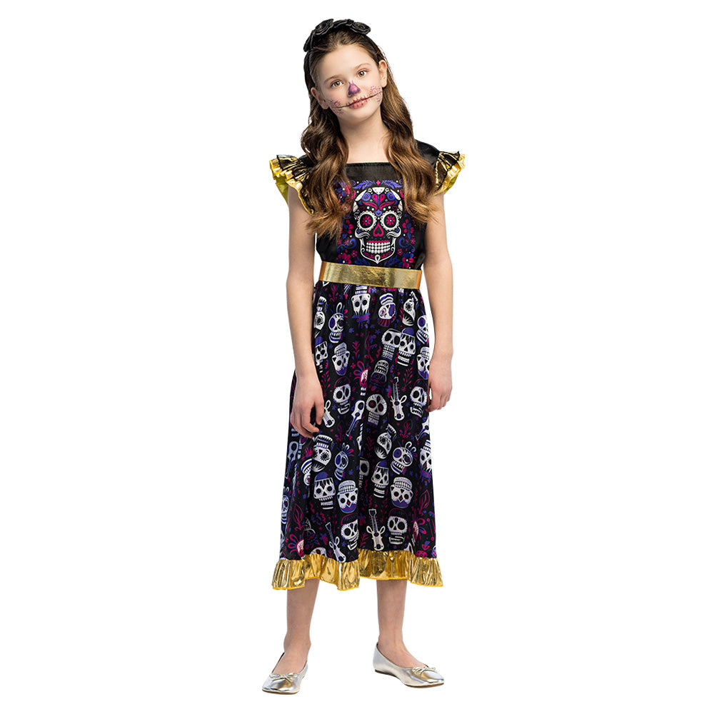 Déguisement Squelette Fleur Mexicain Enfant - Robe Crâne