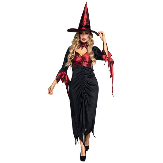 Déguisement Sorcière Luxe - Robe Noire et Chapeau Rouge Brillant