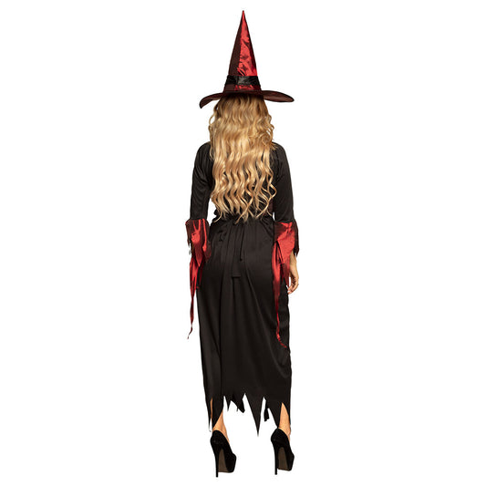 Déguisement Sorcière Luxe - Robe Noire et Chapeau Rouge Brillant
