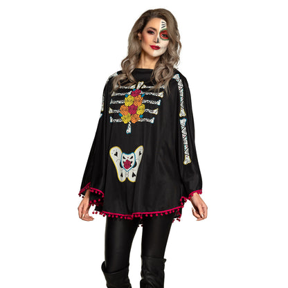 Cape Día de Muertos Noire avec Papillons et Fleurs Colorées