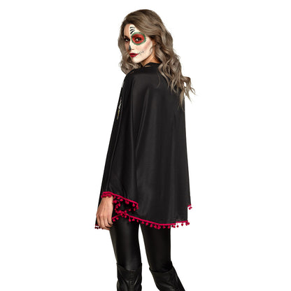 Cape Día de Muertos Noire avec Papillons et Fleurs Colorées