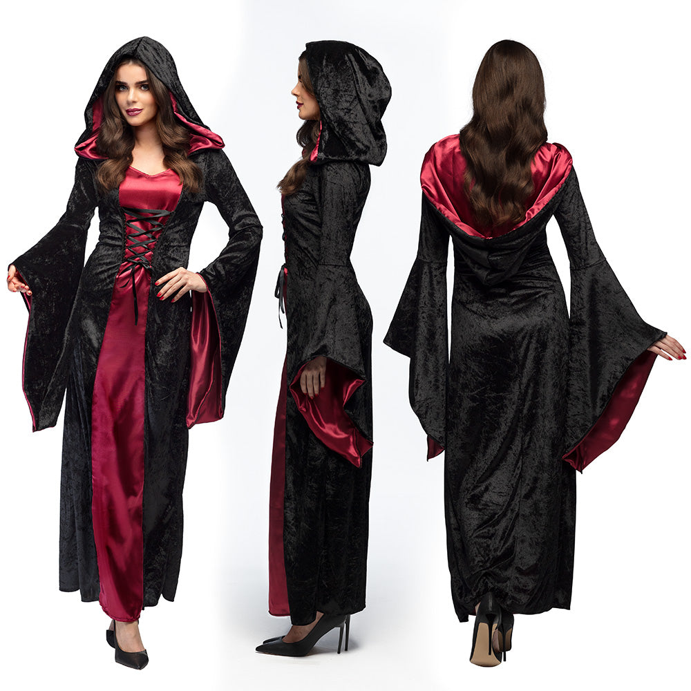 Robe Vampire Gothique Femme - Déguisement Luxe Noir et Bordeaux
