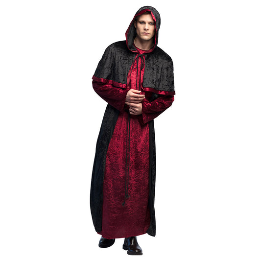 Costume Vampire Médiéval Noir et Rouge avec Cape et Capuche