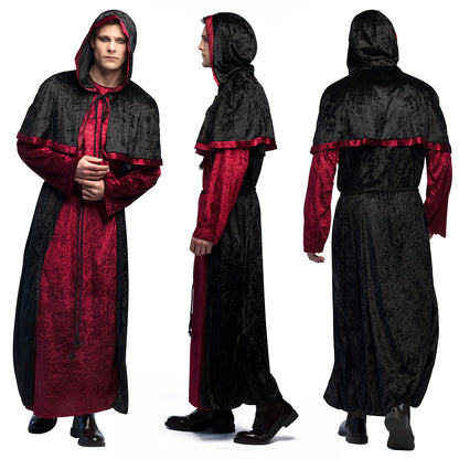Costume Vampire Medieval Noir et Rouge avec Cape et Capuche