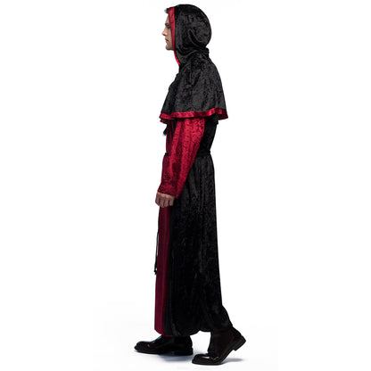 Costume Vampire Medieval Noir et Rouge avec Cape et Capuche