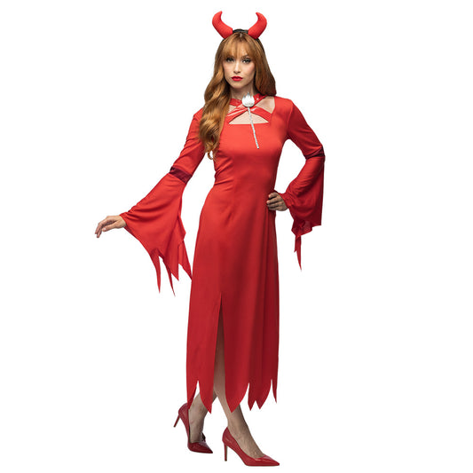 Costume de Démon Sexy Robe Rouge Longue avec Cornes