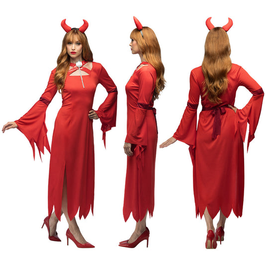 Costume de Démon Sexy Robe Rouge Longue avec Cornes