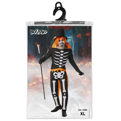 Déguisement Squelette Halloween Orange et Noir avec Haut-de-forme