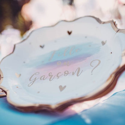 8 Assiettes en carton Fille ou Garçon rose bleu et or 23 cm