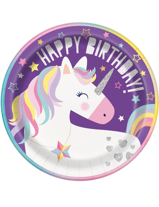 8 Assiettes en carton Happy Birhtday Licorne Party 23 cm