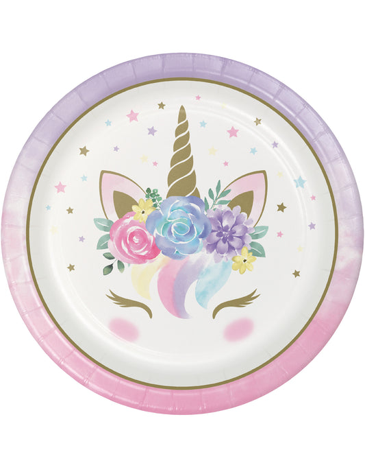 8 Assiettes en carton licorne féerique blanches 23 cm