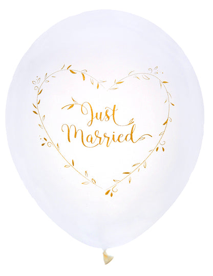 8 Ballons en latex Just Married blancs et dorés 23 cm