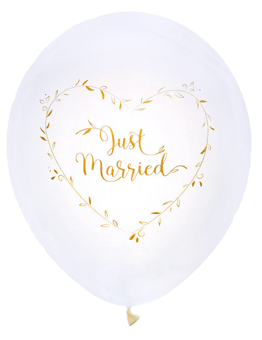 8 Ballons en latex Just Married blancs et dorés 23 cm