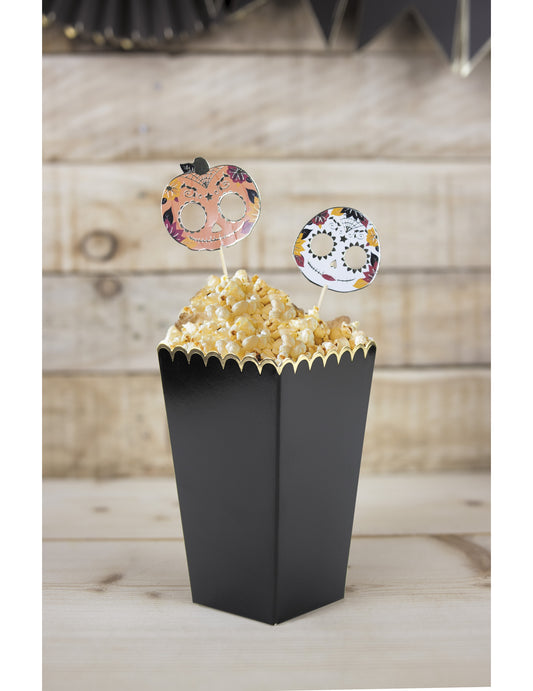 8 Boîtes à pop-corn noires et or 12,5 x 7 cm