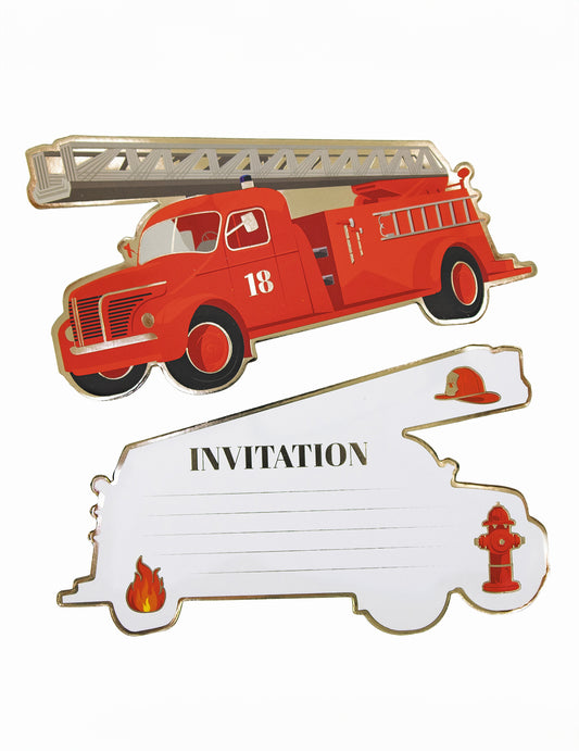 8 Cartes d'invitation camion de pompier 17 x 9,5 cm