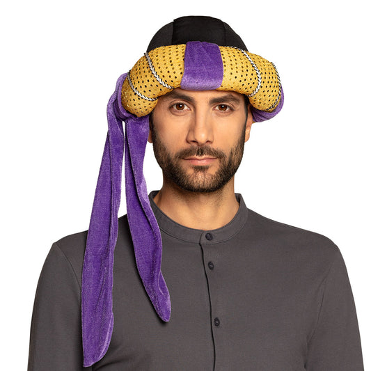 Turban Oriental Jaune et Violet - Accessoire Déguisement Mille et Une Nuits