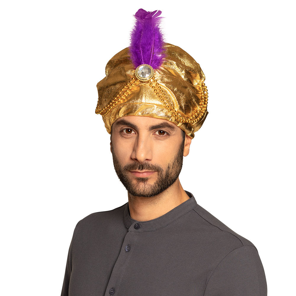 Turban Oriental Doré avec Plume Violette - Accessoire Déguisement