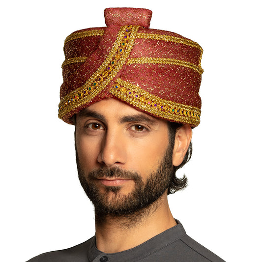 Turban Oriental Luxe Bordeaux & Or - Déguisement Adulte